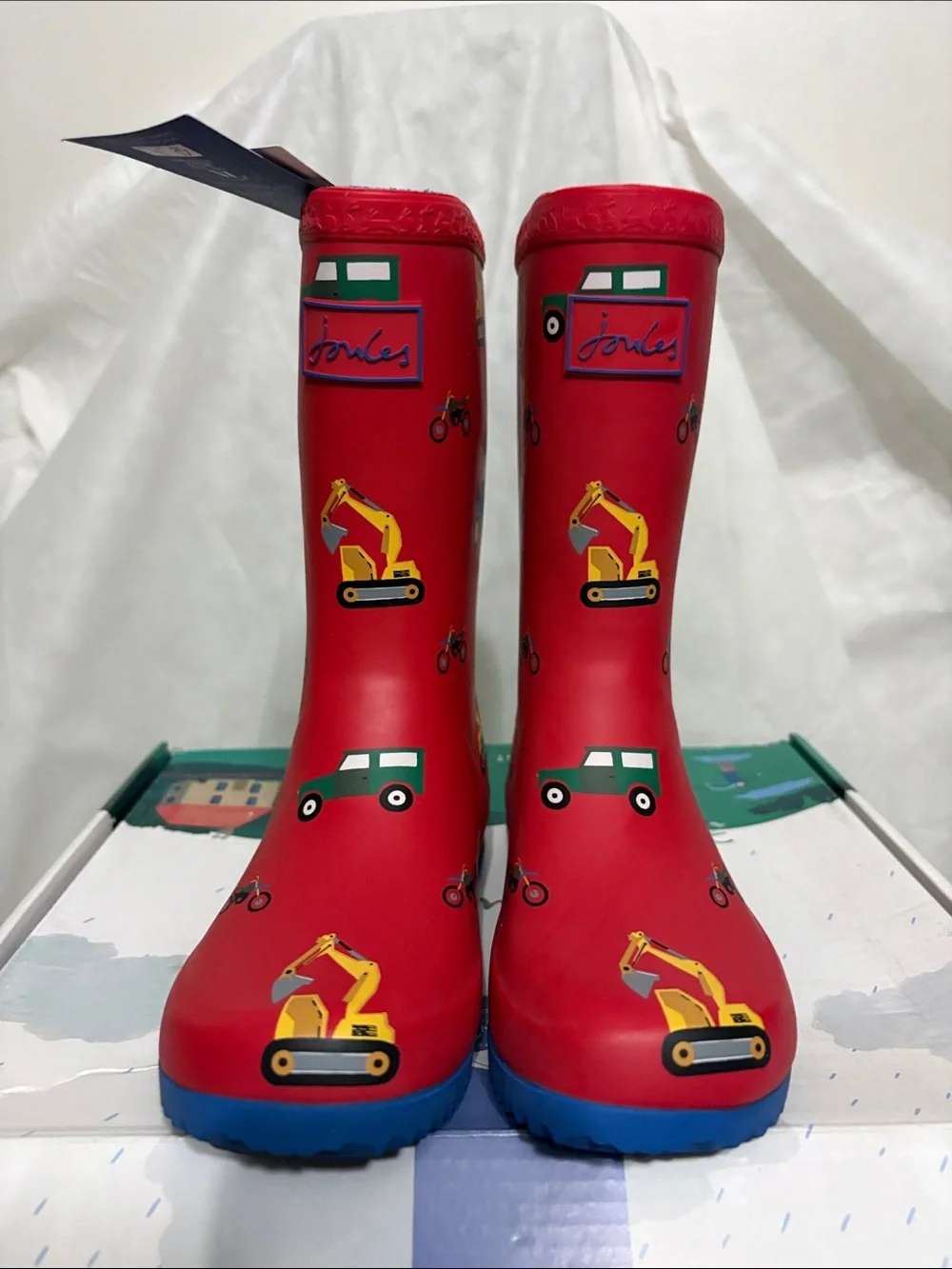 Joules Kids' Red Construction & Car Rain Boots size IS 1 NWT